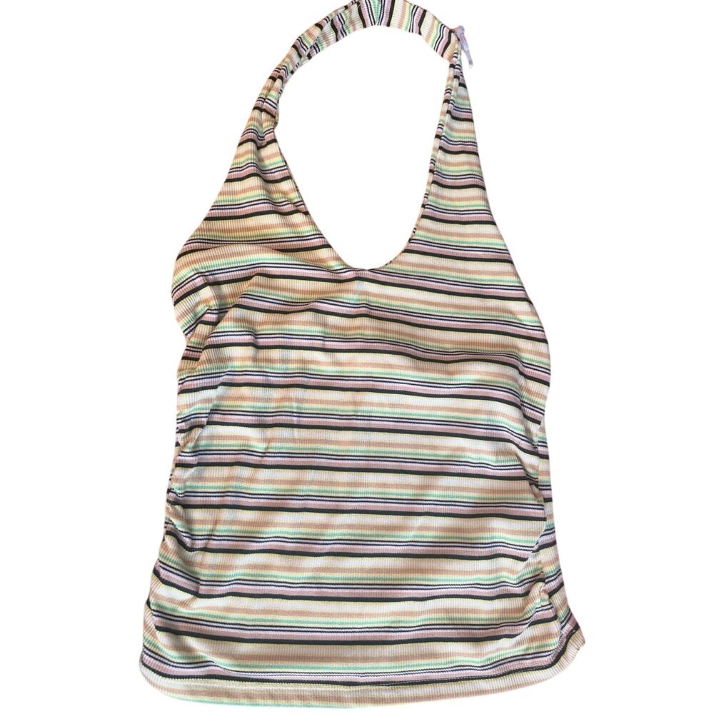 00s Club Halter Top Shirt Ruched Side Stretchy Sz S Retro Stripe Festival Summer